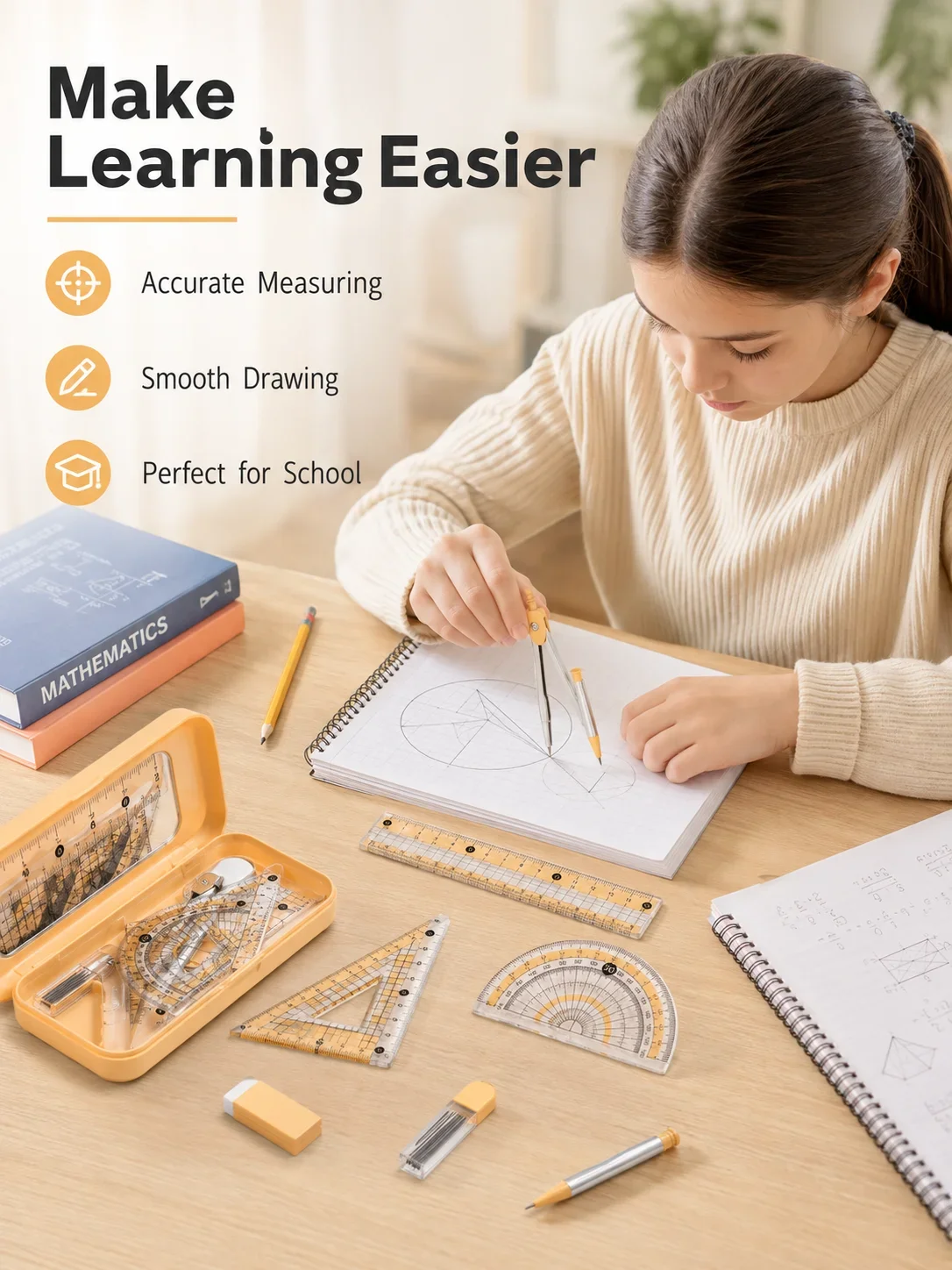 Math Geometry Set With Compass - 8-Piece Math Geometry Set for Students,