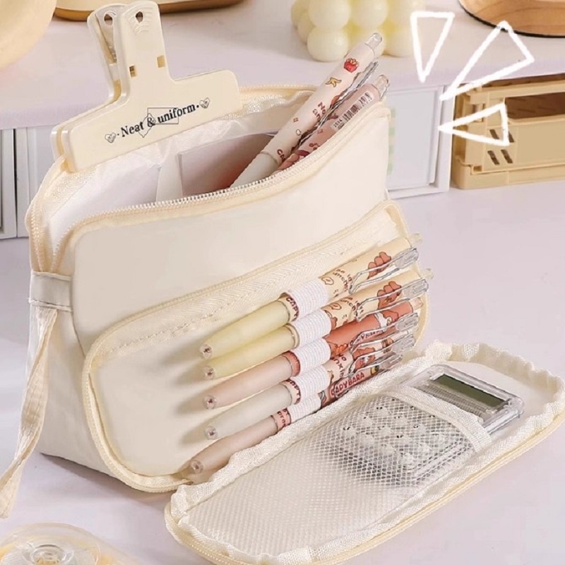 Aesthetic Large Pencil Case Pouch - Ivory Large Capacity Pencil Bag Aesthetic