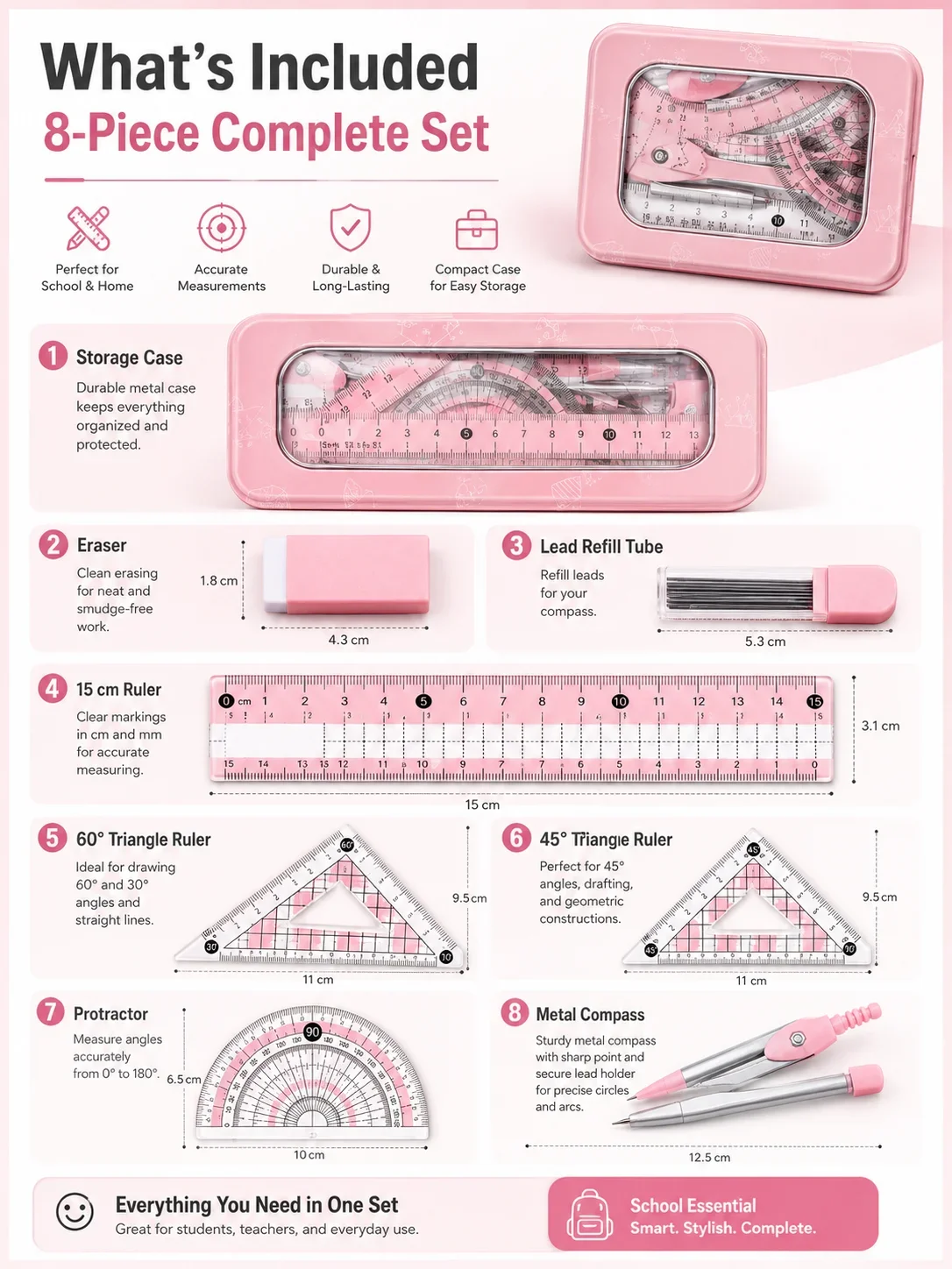 8-Piece Math Geometry Set for  - Math Geometry Set With Compass review and price